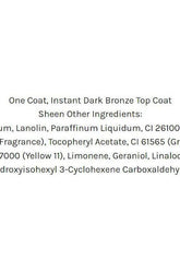 Ingredients list for Pro Tan One Coat Instant Dark Bronze Top Coat Sheen, including lanolin and fragrance.